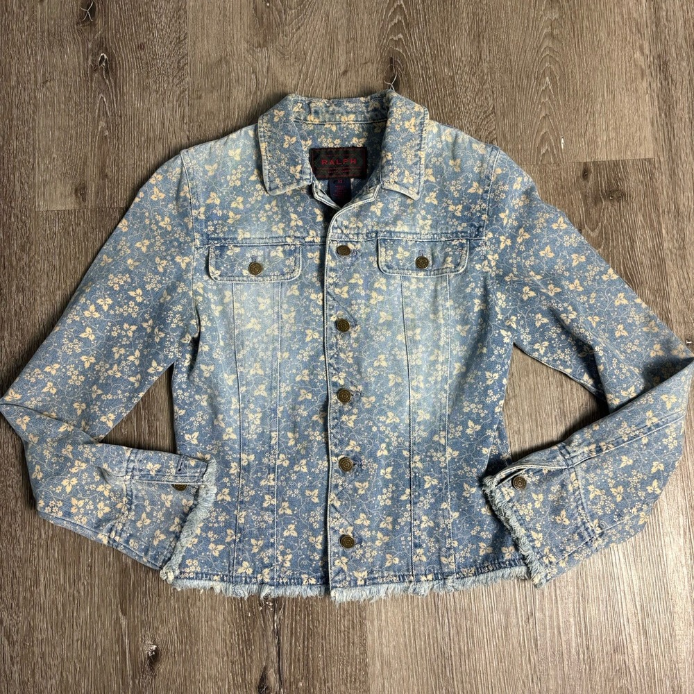 RALPH Ralph Lauren Women's XS Blue‎ Bleached Floral Denim Jacket Fringe Button